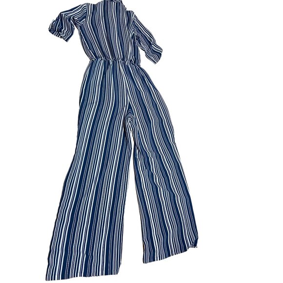 Bonded Womens Jumpsuit Small Navy White Striped Elastic Wais Wide-Leg Boho - Picture 2 of 7